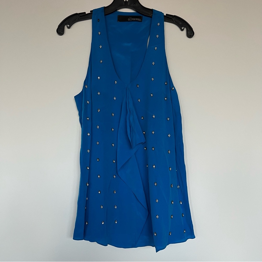 Olivaceous Bright Blue Silk Rhinestone Ruffle Tank
